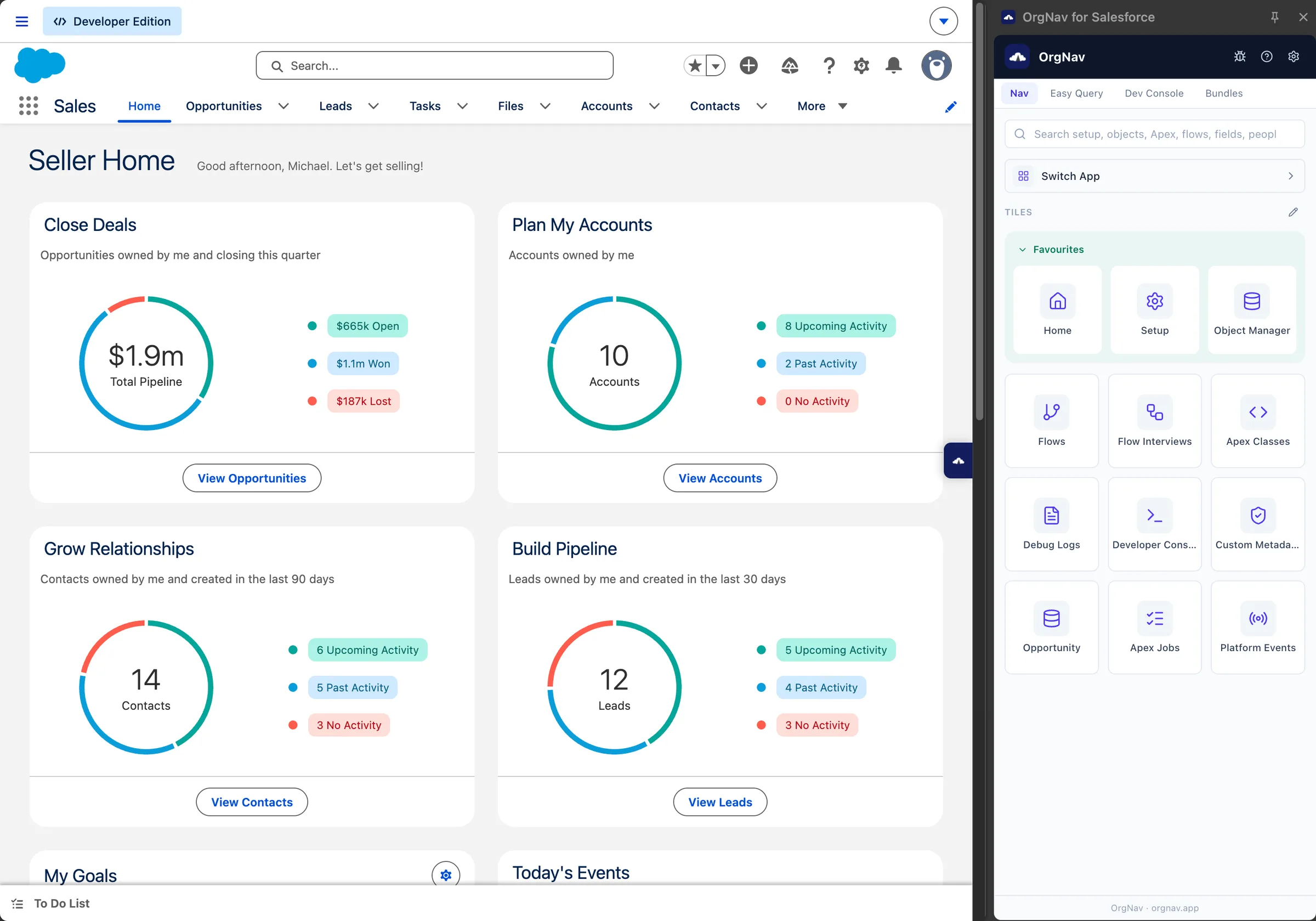 OrgNav's side panel open next to a Salesforce home page